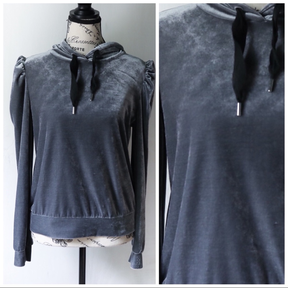 Generation Love Lenny Velour Puff Sleeve Hoodie in Dark Grey small